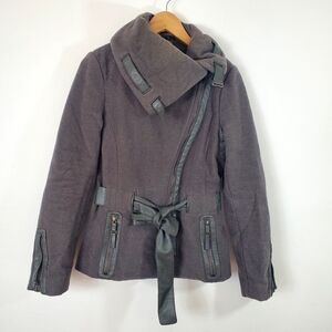 RUDSAK Wool Leather Lores Belted Winter Peacoat Gray Asymmetrical Collar S